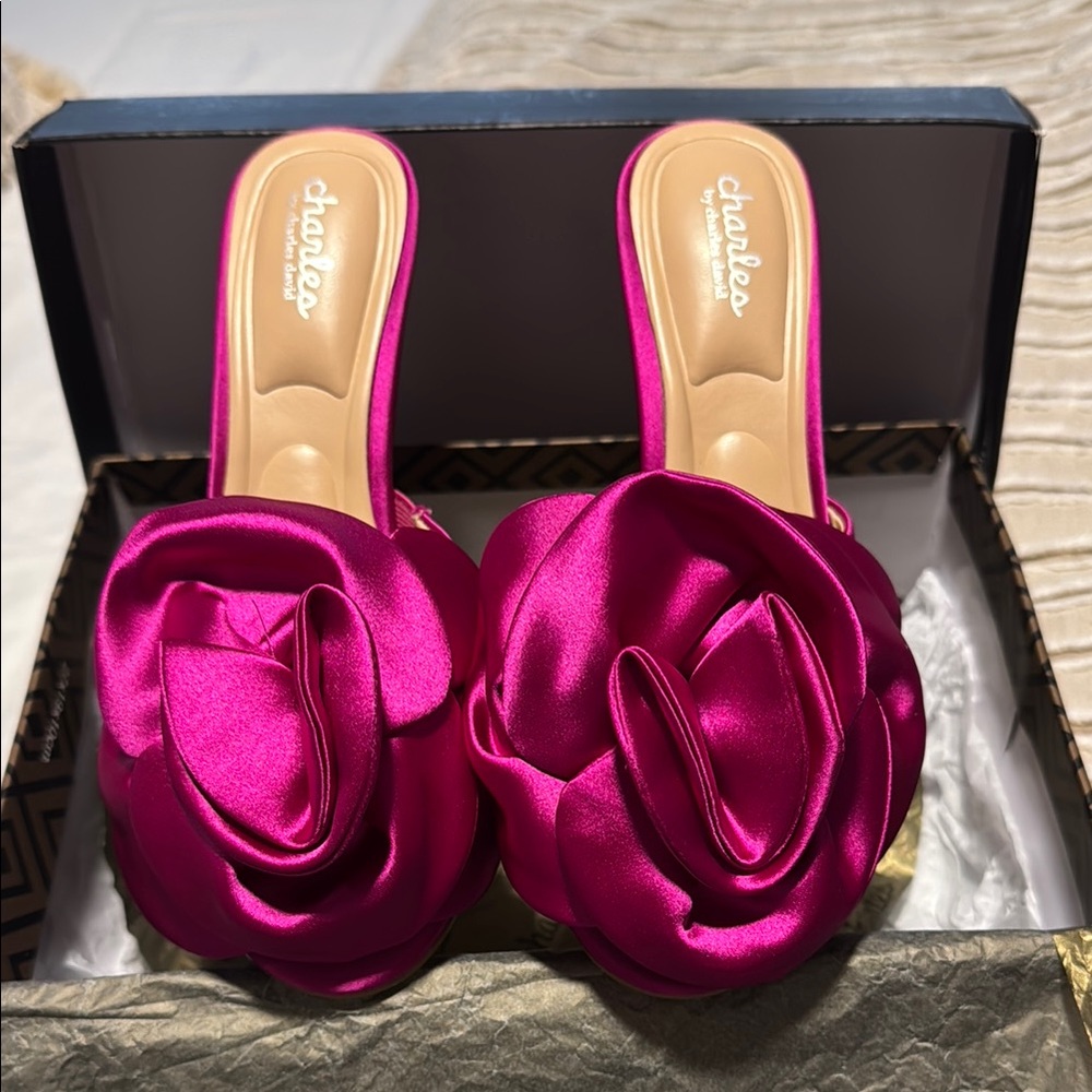 Magenta Satin Mules with Rose Accents by Charles by Charles David